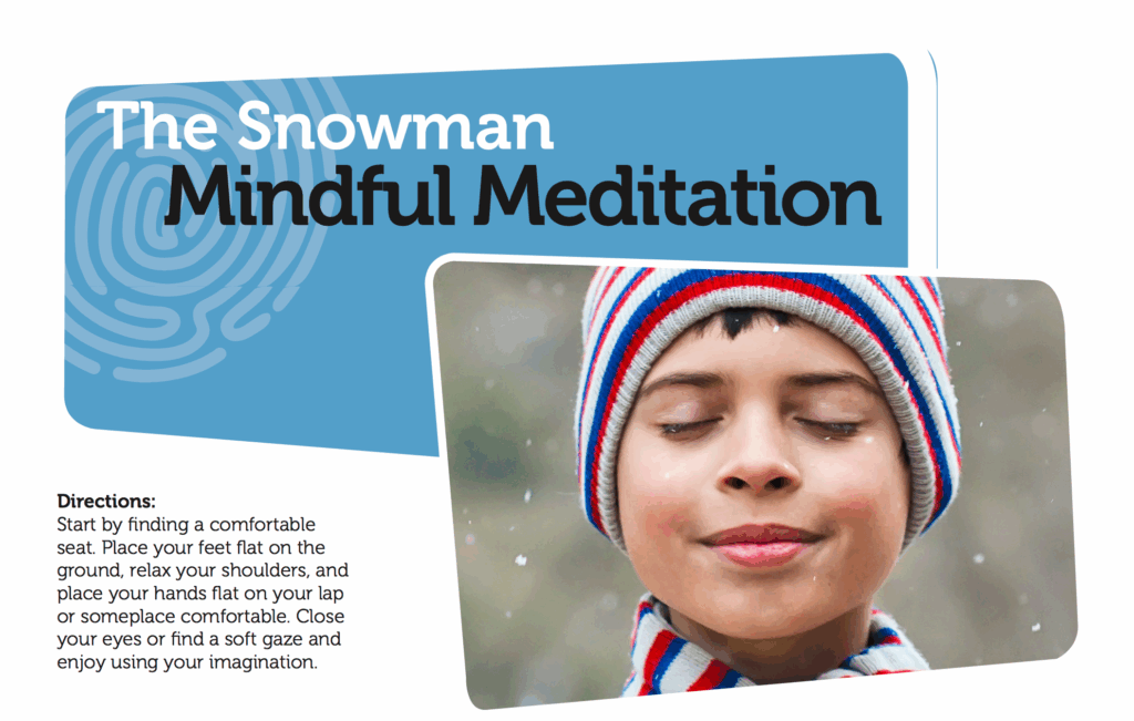 White and blue Snowman Mediation graphic with a photo of a little boy smiling with his eyes closed while he stands in the snow