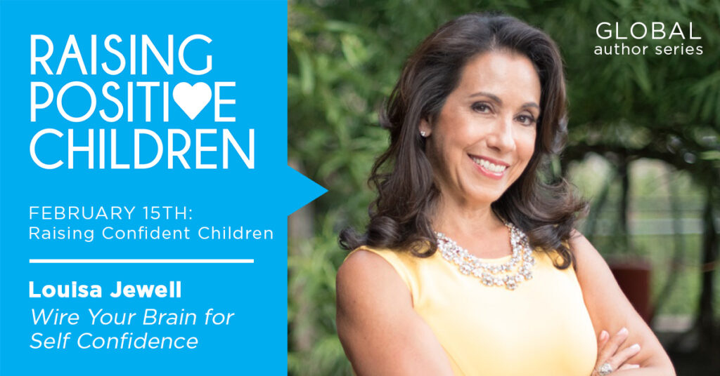 Blue Raising Positive Children graphic with a photo of a woman in a yellow dress