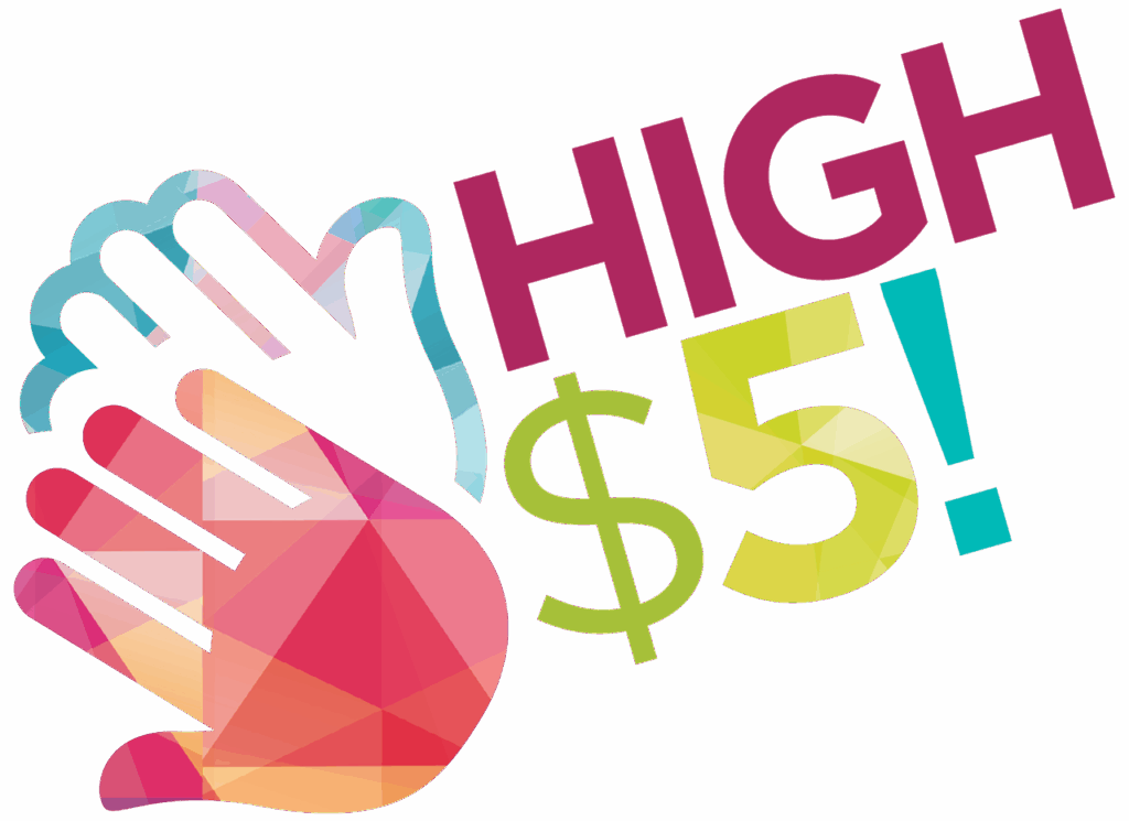 Colorful high $5 graphic with two hands clapping