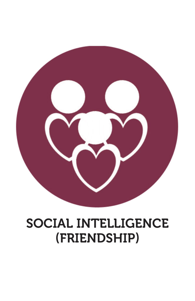 White graphic with a maroon icon of three people with hearts for bodies and "Social Intelligence (Friendship)" written below it
