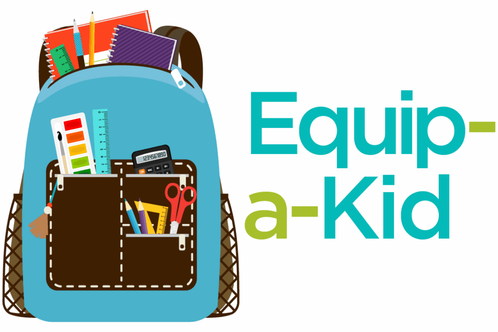 Equip-a-kid Logo with a blue backpack full of school supplies beside it