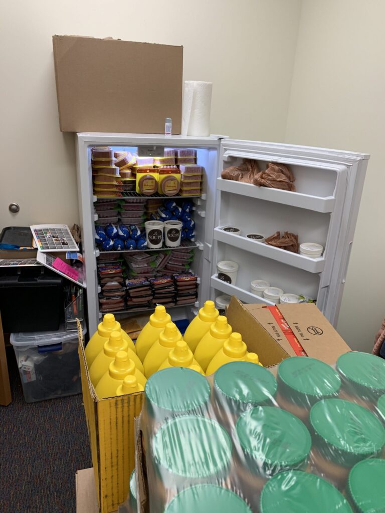 Photo of large quantities of food in a refrigerator and in boxes