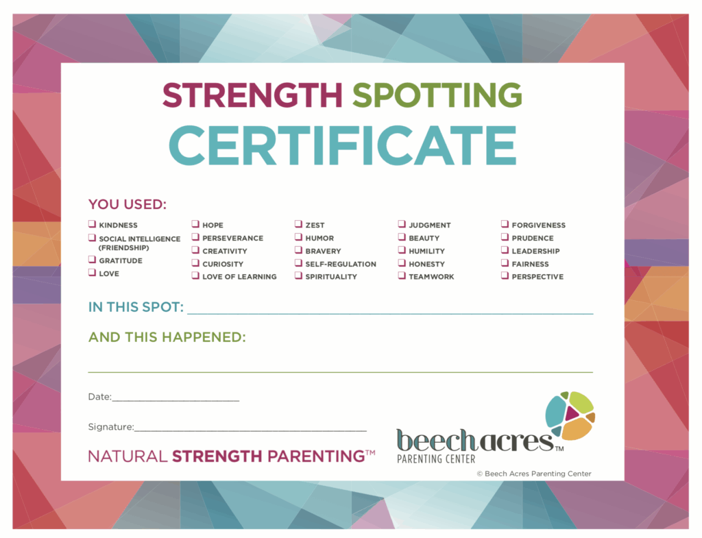 Multi-colored Beech Acres Parenting Center Strength Spotting Certificate
