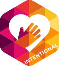 Pink and orange intentional icon with a hand holding a heart