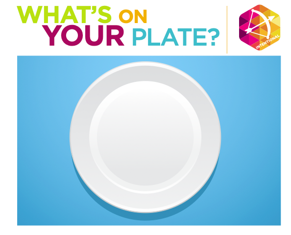 What's On Your Plate? graphic with an image of a plate on a blue tablecloth