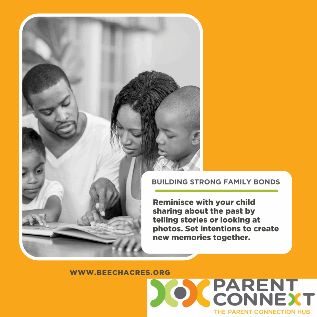 Orange graphic about building strong family bonds with a photo of a mother and father with their two kids