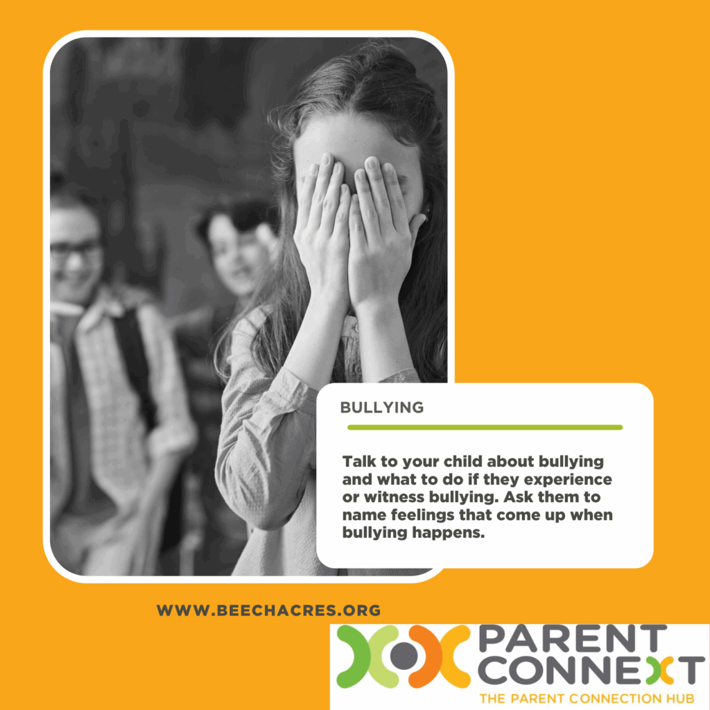 Orange graphic with an image of a little girl hiding her face with bullies standing behind her with a text box with information about bullying