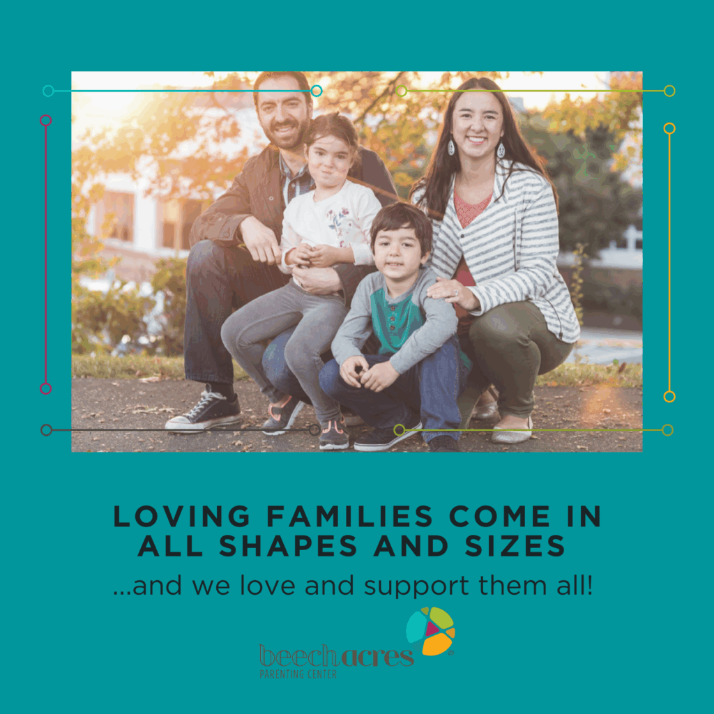 Green graphic for Beech Acres PArenting Center with a photo of a mother and father with their two kids