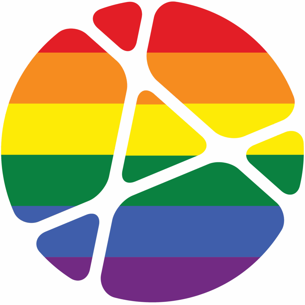 Photo of the Beech Acres Parenting center ball logo colored in a rainbow design to support LGBTQ+ individuals