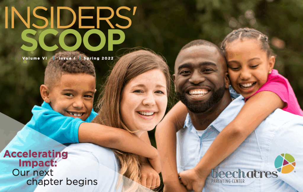 Insiders' Scoop newsletter cover for Beech Acres with a photo of a mother and father holding their two kids on their backs