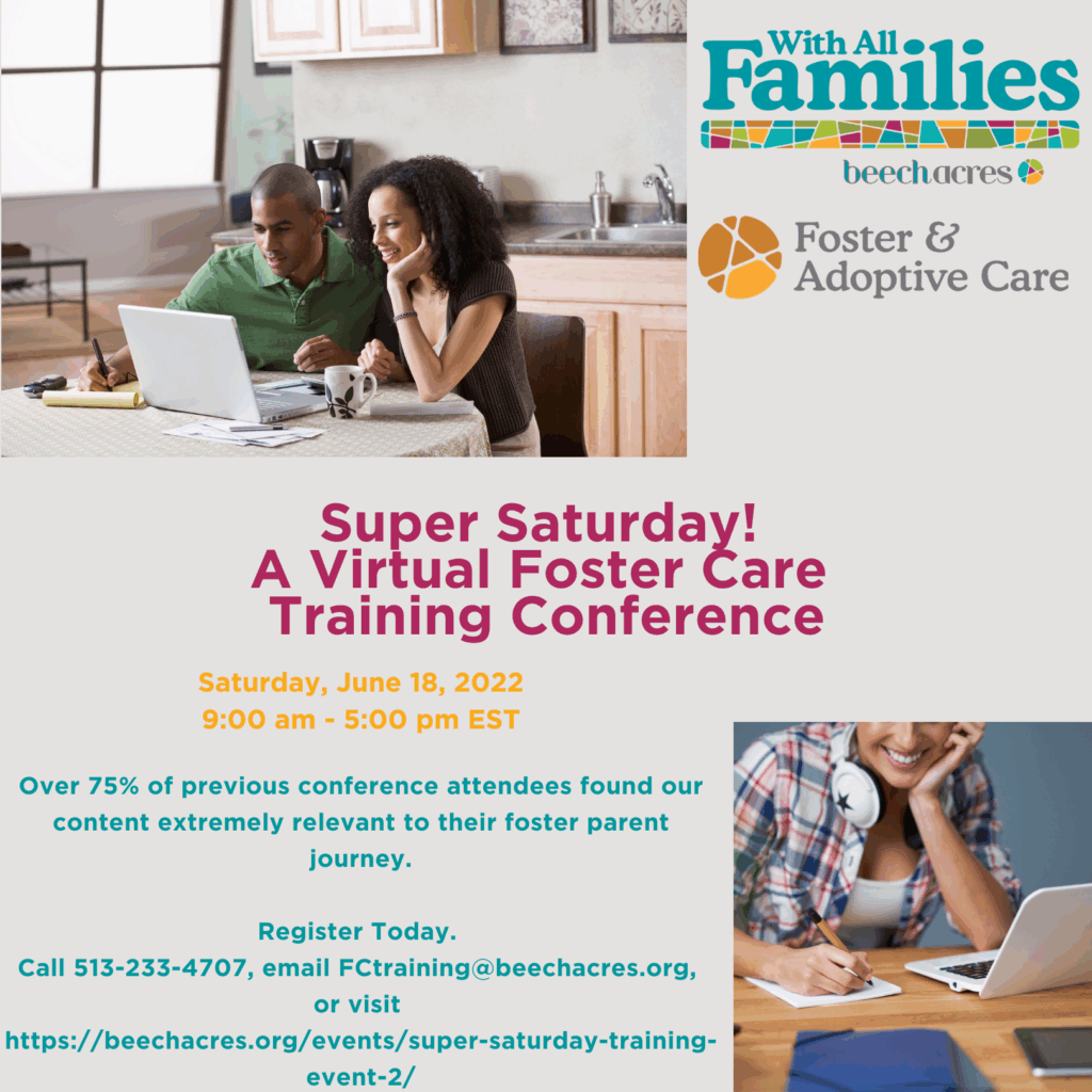 White graphic for the Super Saturday Virtual Foster Care Training Conference with photos of adults looking at computers