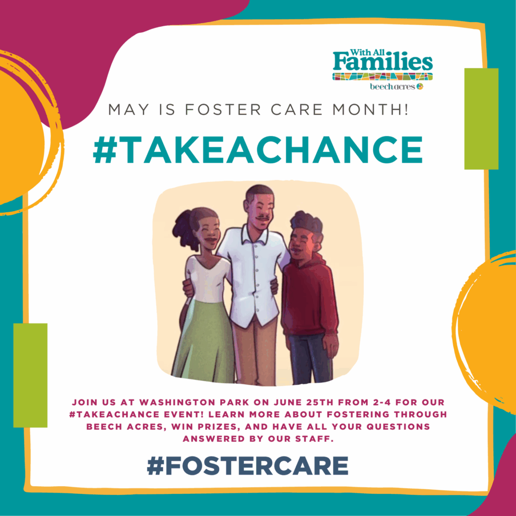 Colorful graphic with an image of a father standing between his wife and a child with information about FOster Care Month below it