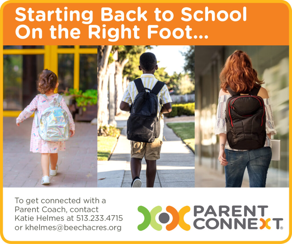 White and orange graphic with photos of three children walking with backpacks and information about starting back to school