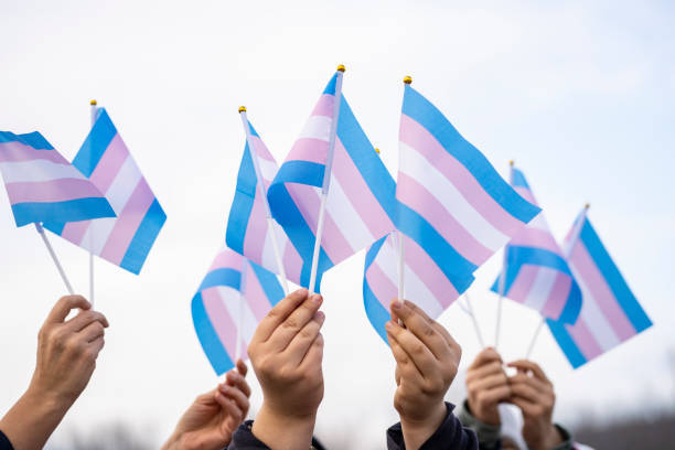 Image of several hands holding the Transgender flags
