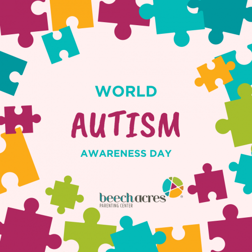 World Autism Day graphic with red, yellow, blue, and green puzzle pieces
