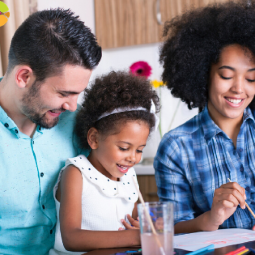 Photo of a mom and dad doing a watercolor paint activity with their daughter