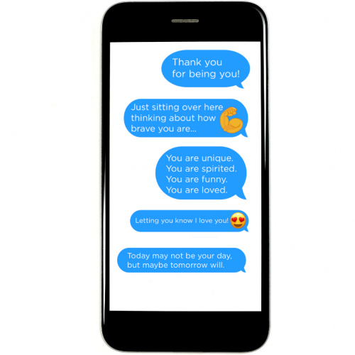 Graphic of a black smartphone with positive text messages displayed on the screen